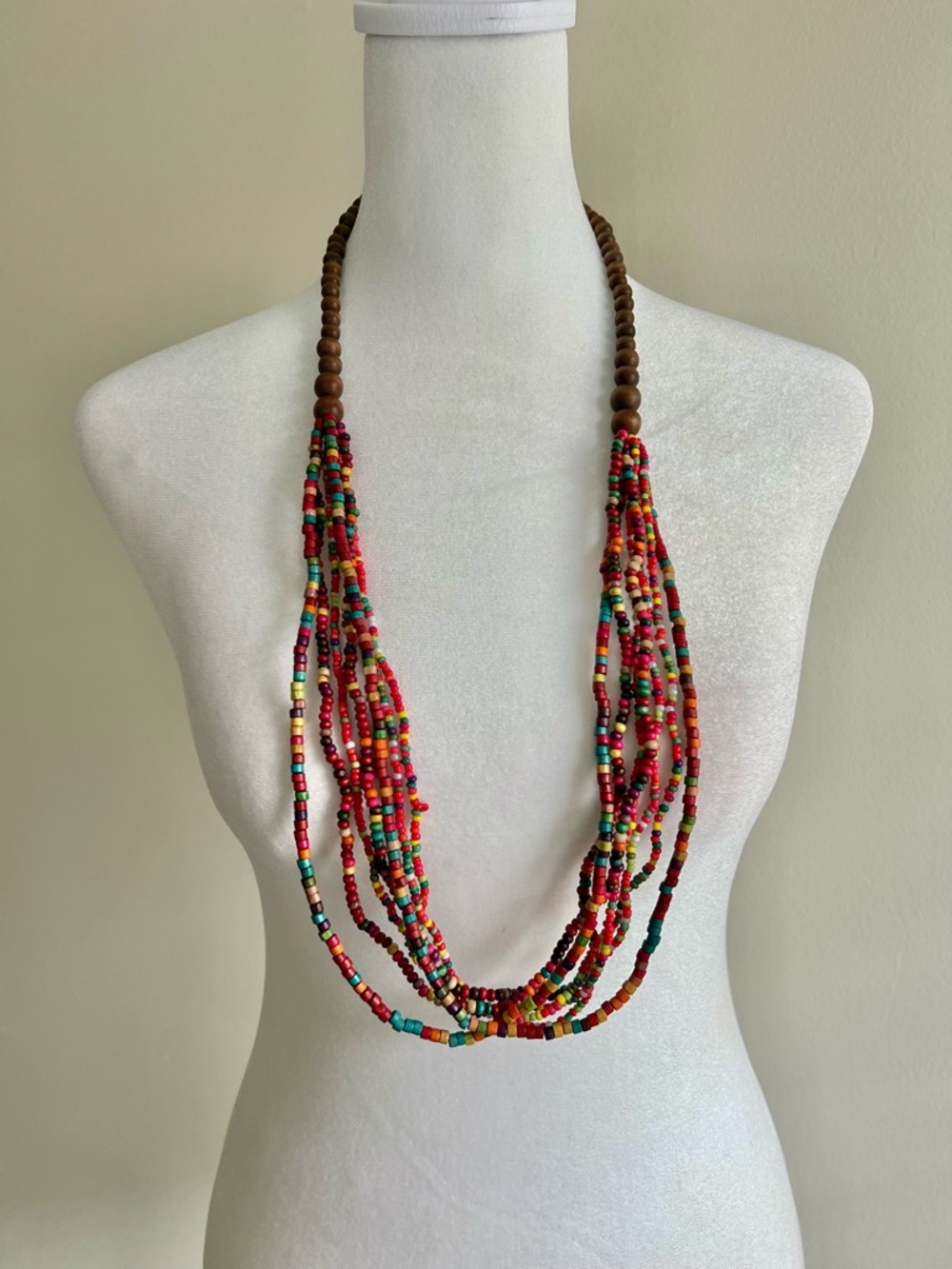 Wooden Bead Colorful Long Multi Strand Necklace Boho Festival